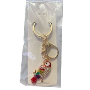 MINT PARROT RED HEAD AND SPARKLES ON GOLD PLATED KEYCHAIN